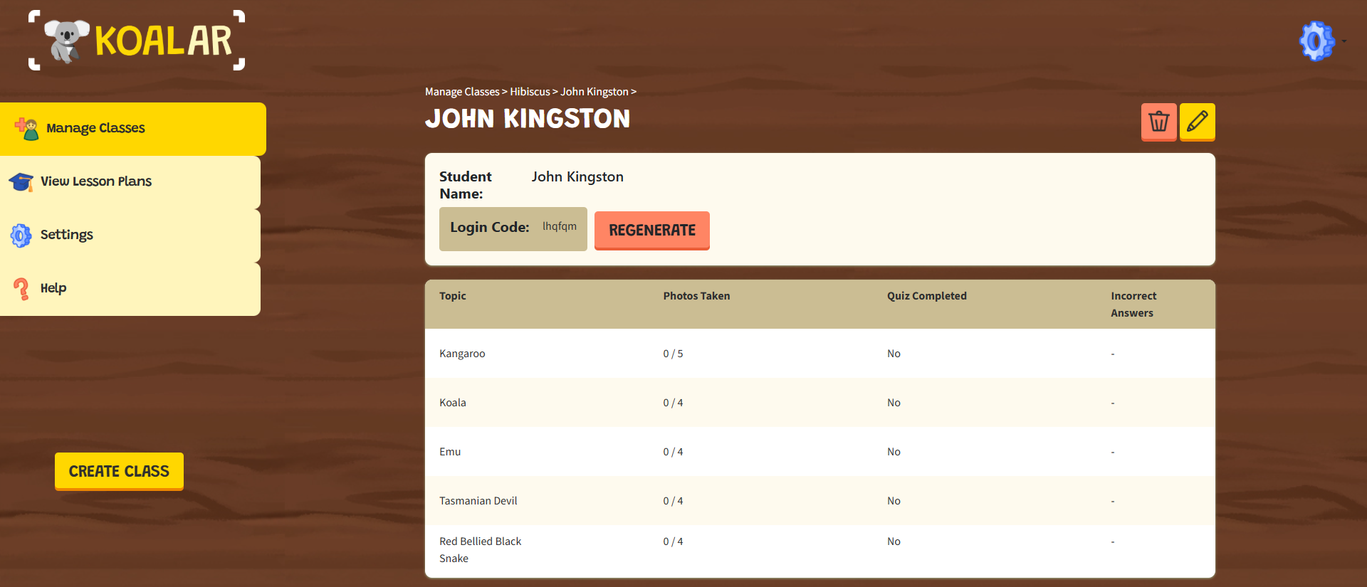 Screenshot of the Koalar Portal's Manage Student page.